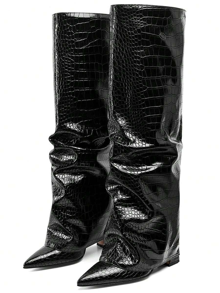 Shaft detail view of Stylish Knee-High Slouchy Shark Boots with Chunky Heels for Parties and Office Wear for knee high boot styling