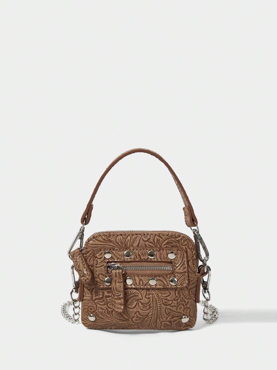 Trendy mini crossbody bag in brown with Y2K rivets, front view