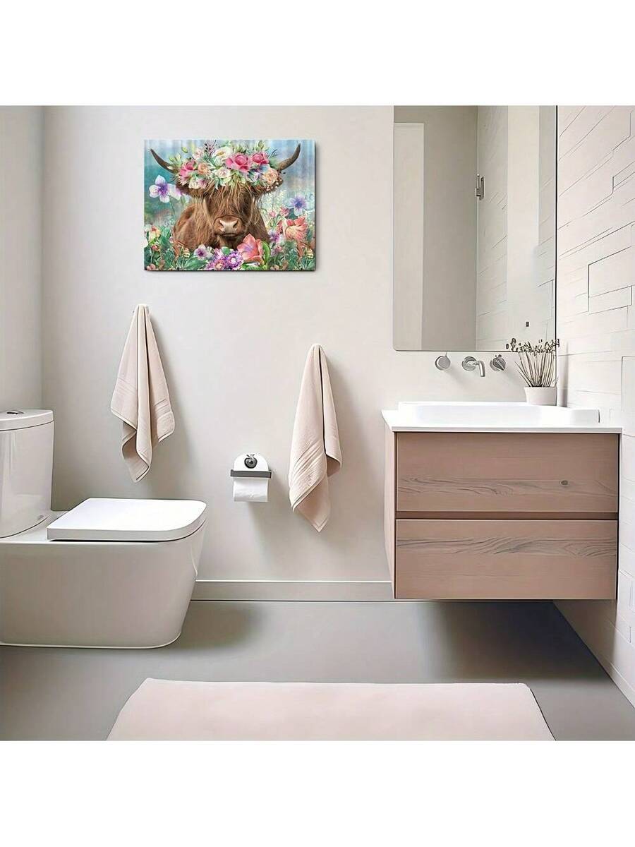 Bathroom wall decor mockup with floral cow canvas art