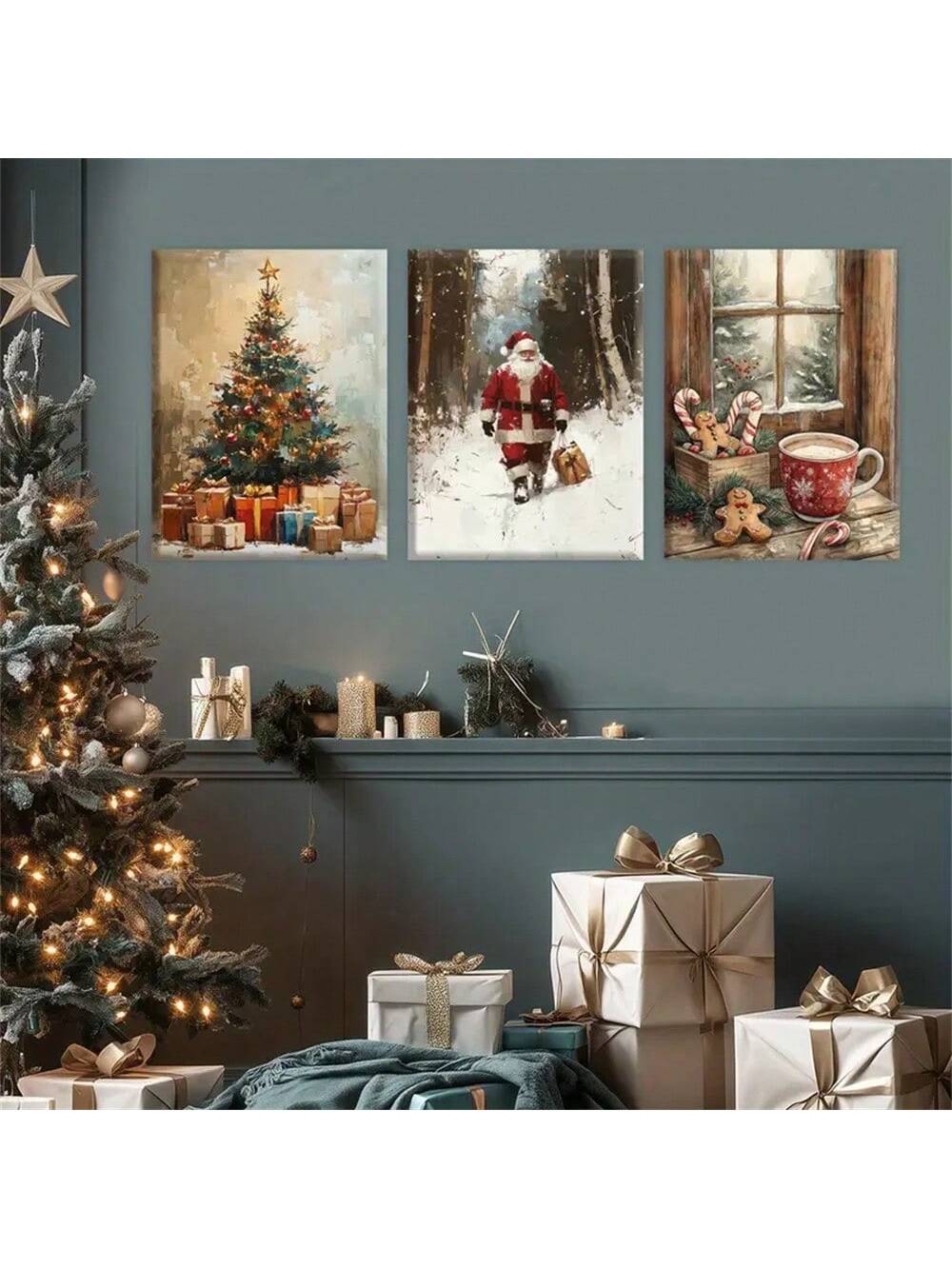 Bring festive cheer to any room with this charming vintage-inspired Christmas wall art featuring jolly Santa Claus and whimsical gingerbread designs. Perfect for creating holiday magic in your home, office, or seasonal displays, this piece captures the warmth and nostalgia of classic Christmas traditions. The playful vintage aesthetic adds character and personality to your decor while evoking cozy holiday memories. Whether you're decorating for the season or looking for year-round festive flair, this deligh