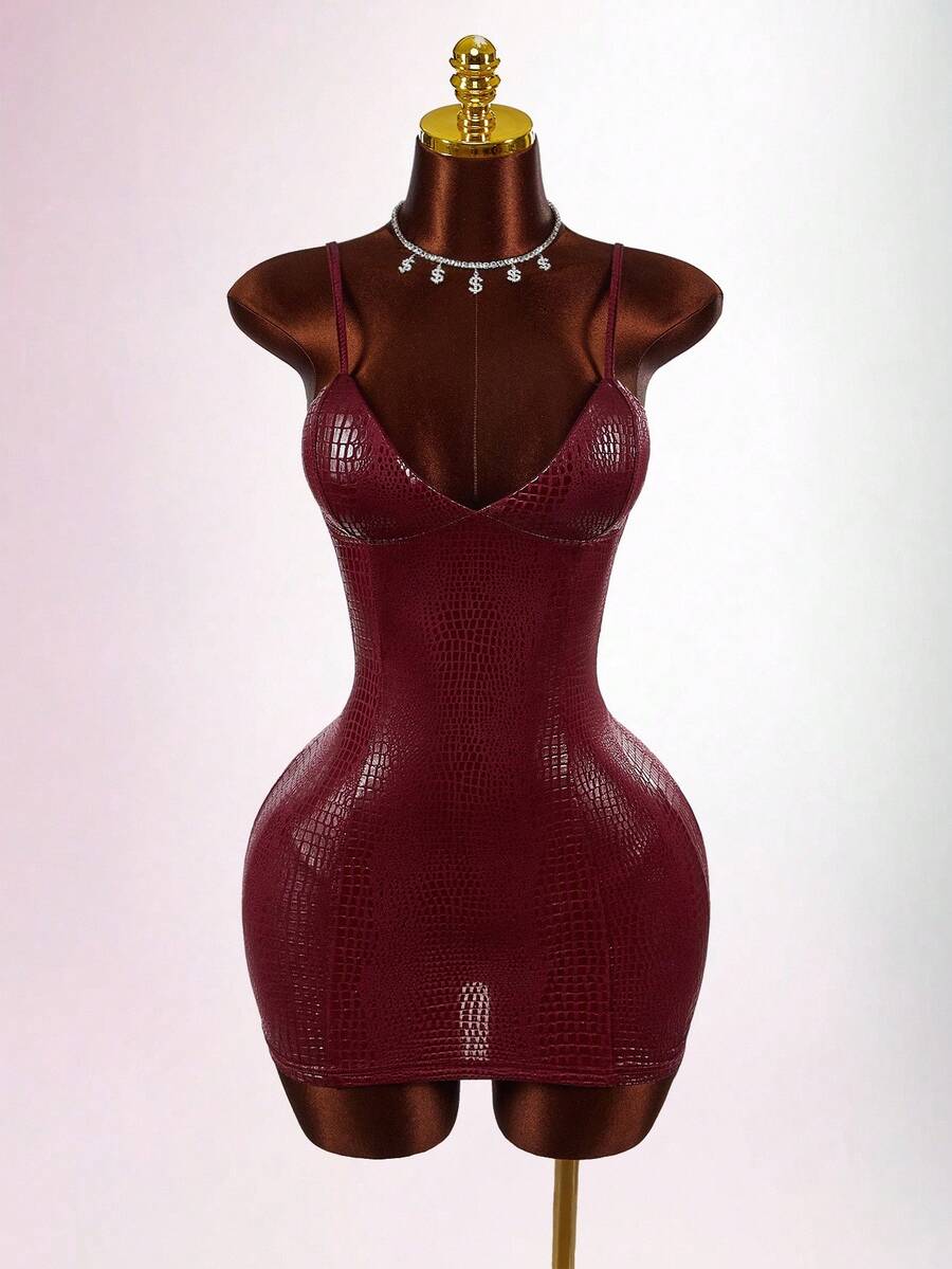 Red glossy crocodile-texture cami mini dress detail view