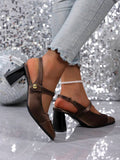 vintage peep toe block heel pumps image 22 showing visible heel, toe, strap, color, and material details