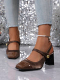 vintage peep toe block heel pumps image 21 showing visible heel, toe, strap, color, and material details