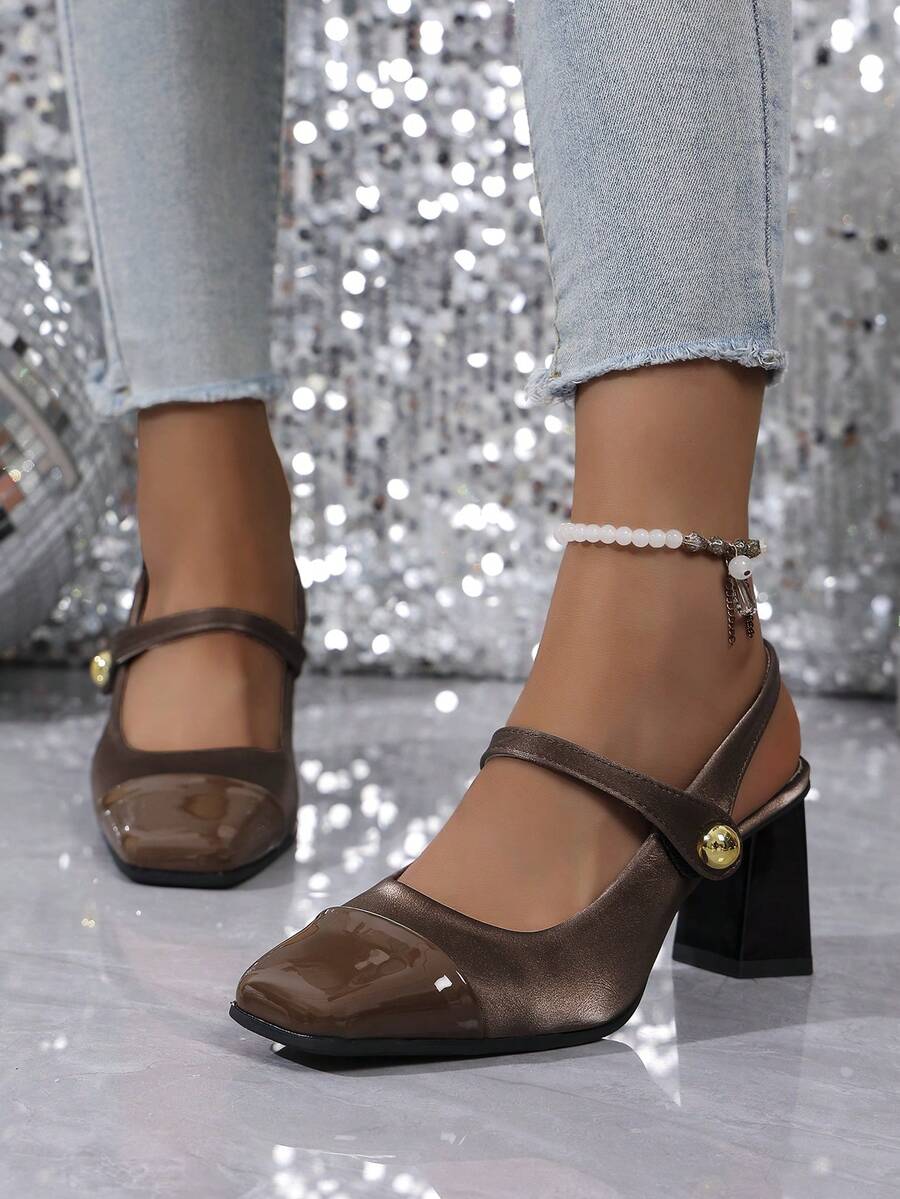 vintage peep toe block heel pumps image 21 showing visible heel, toe, strap, color, and material details