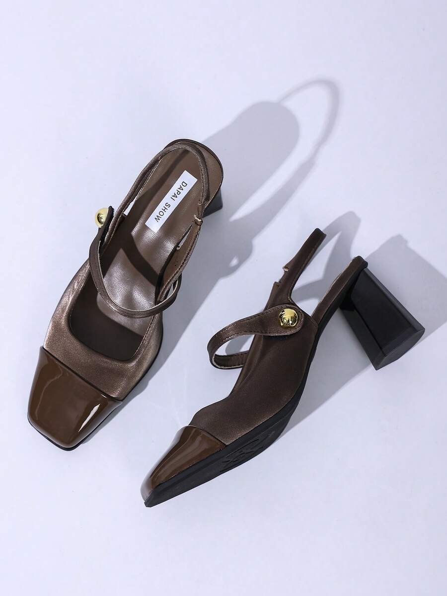 vintage peep toe block heel pumps image 20 showing visible heel, toe, strap, color, and material details