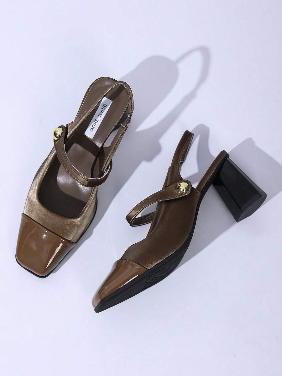 vintage peep toe block heel pumps image 16 showing visible heel, toe, strap, color, and material details