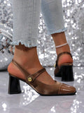 vintage peep toe block heel pumps image 19 showing visible heel, toe, strap, color, and material details
