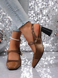 vintage peep toe block heel pumps image 18 showing visible heel, toe, strap, color, and material details