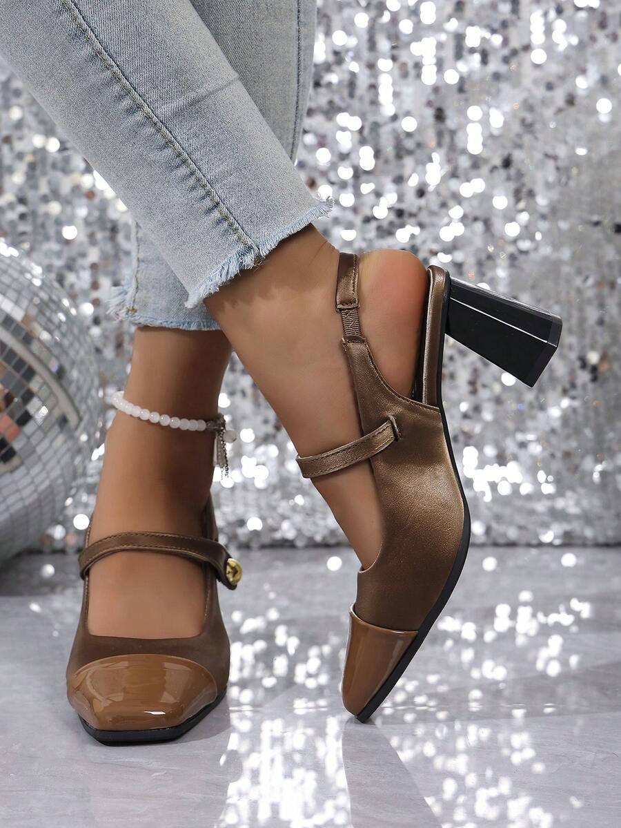 vintage peep toe block heel pumps image 18 showing visible heel, toe, strap, color, and material details