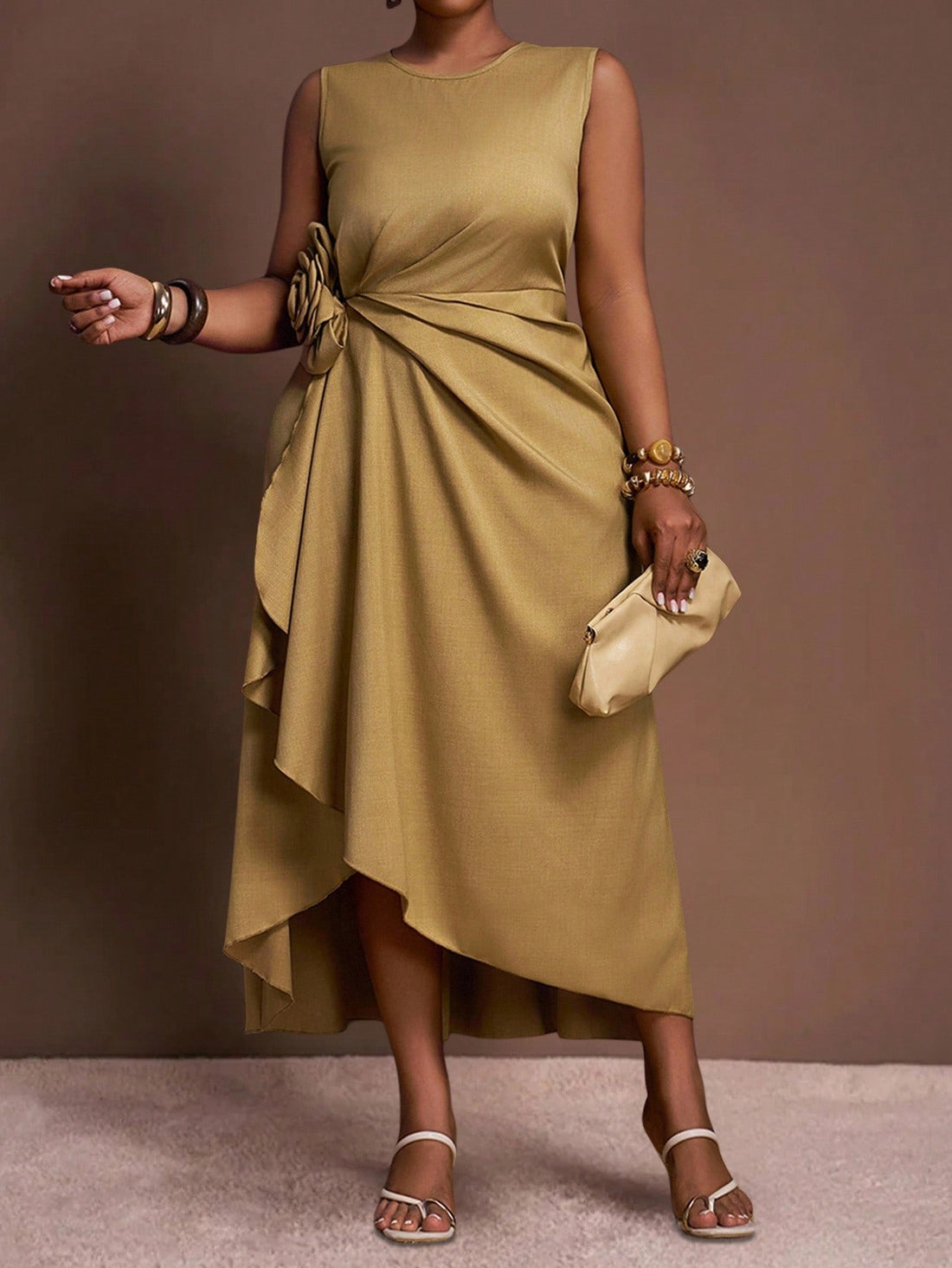 Step into charm with this Elegant Plus Size Women's Ruched Floral Decor Dress. Featuring a flattering ruched design and a sweet round neck, it hugs your curves in all the right places. The delicate floral pattern adds a splash of whimsy, perfect for turning heads wherever you go. Dress up for brunch or dance the night away—style and comfort bloom together in this playful favorite.