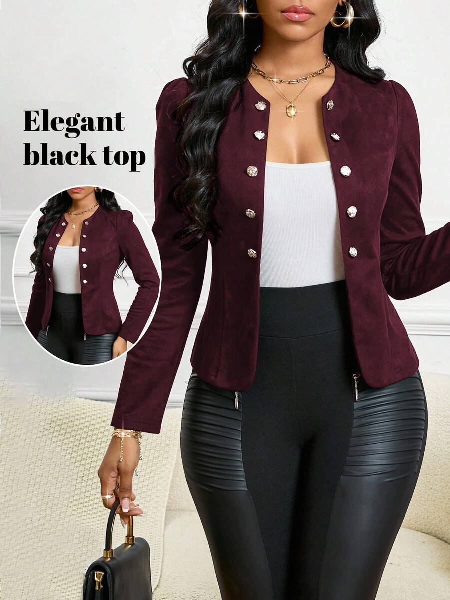 Stylish Women's Black Suede Open Front Jacket with Button Detail for Fall and Winter - women outerwear jacket visible in all media images, product image 1