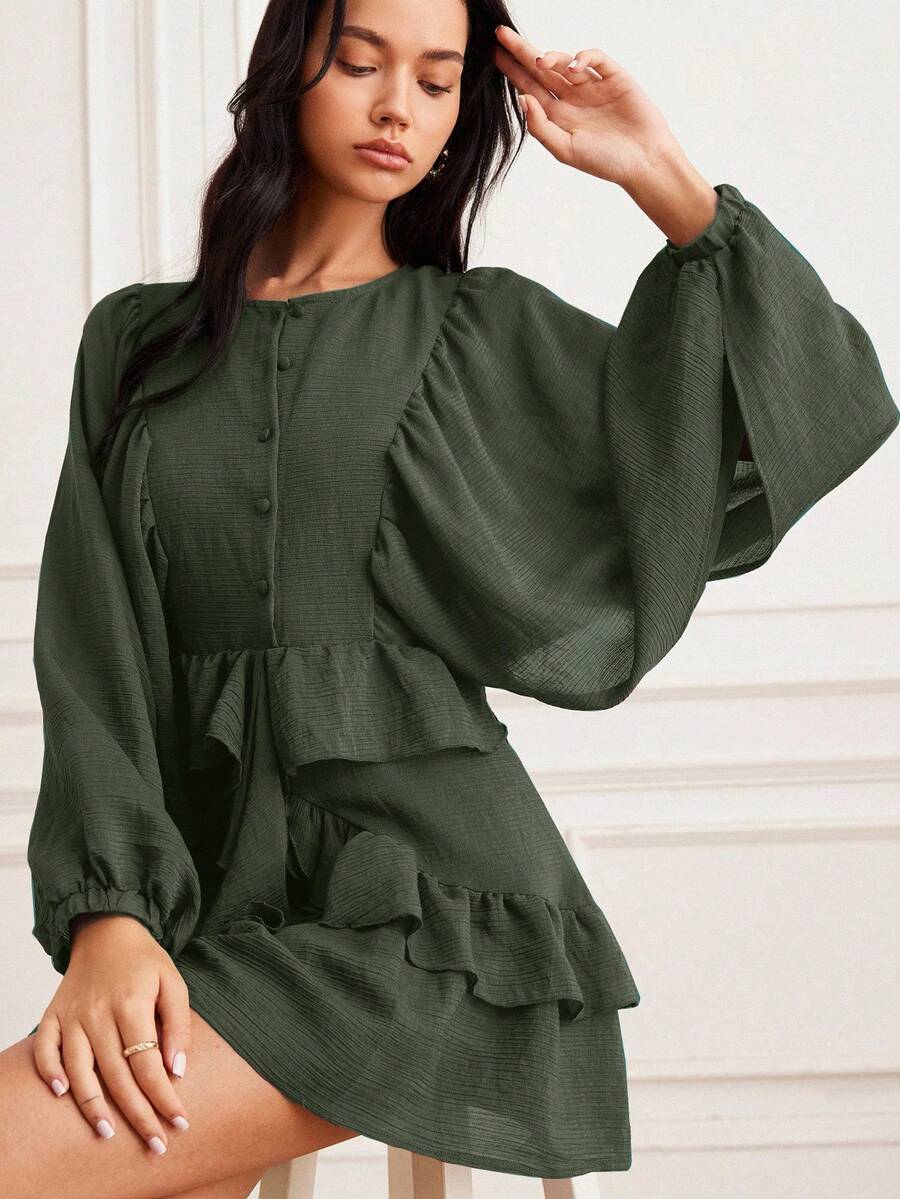 Elevate your seasonal wardrobe with this charming mini dress that's equal parts cozy and chic. The distinctive lantern sleeves add a whimsical touch while the flowy silhouette keeps you comfortable all day long. Dressed in a versatile coffee hue that pairs effortlessly with your favorite boots and accessories, this piece transitions seamlessly from casual coffee dates to evening outings. The delicate ruffle hem brings just the right amount of playful flair to keep things interesting. Perfect for autumn and 