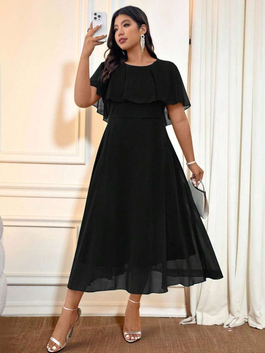Image 1 - front view of Elegant Plus Size Chiffon Dress for Women - Round Neck Loose Solid Color Summer & Spring Formal Outfit