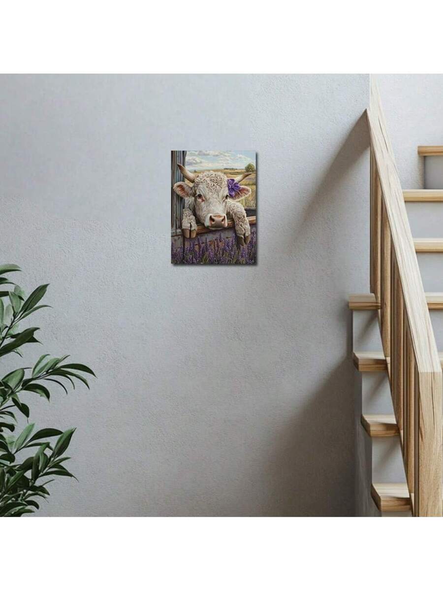 Lavender cow canvas art with white calf purple bow and flowers