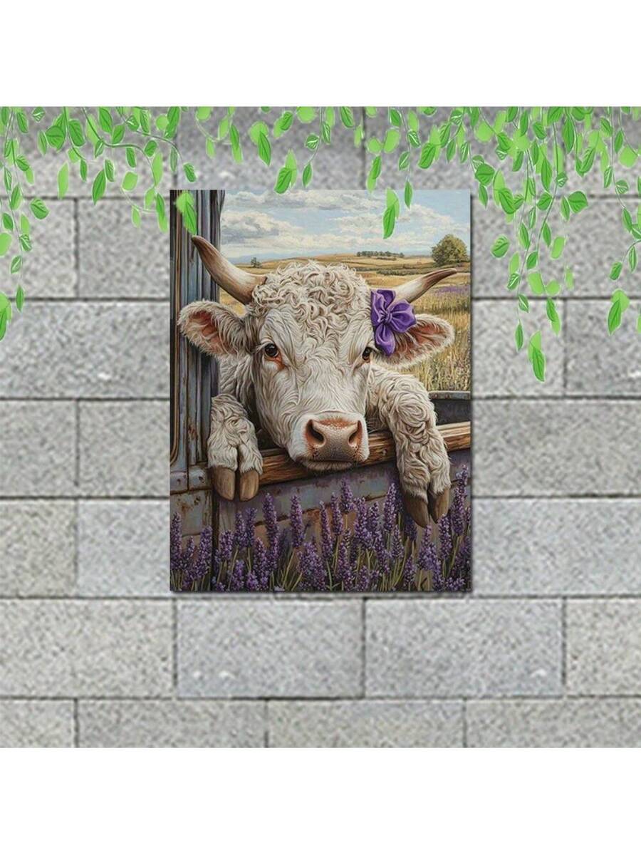 Rustic purple floral cow canvas on gray brick wall mockup