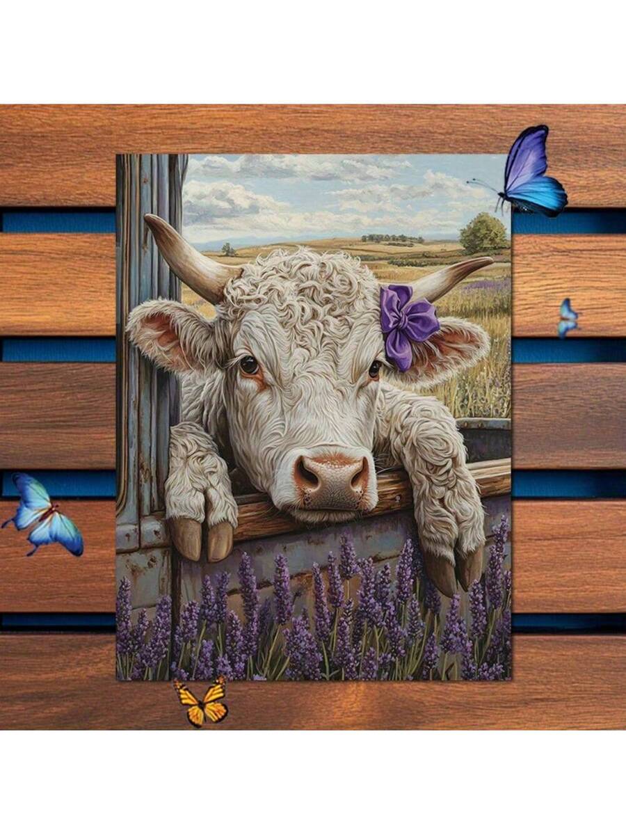 Cute cow wall art with barn window rural field and sky