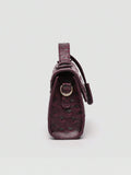 Ostrich embossed structured top handle shoulder bag with flap closure and adjustable strap