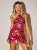 geometric sequin halter mini dress with asymmetrical neckline, backless tie neck, bodycon mini fit, argyle diamond sequin pattern, multicolor and red variants image 5