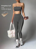 seamless strapless bandeau crop top and high waist leggings activewear set with white contour piping image 1