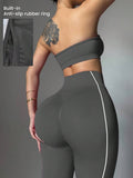 seamless strapless bandeau crop top and high waist leggings activewear set with white contour piping image 2