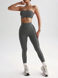 seamless strapless bandeau crop top and high waist leggings activewear set with white contour piping image 4