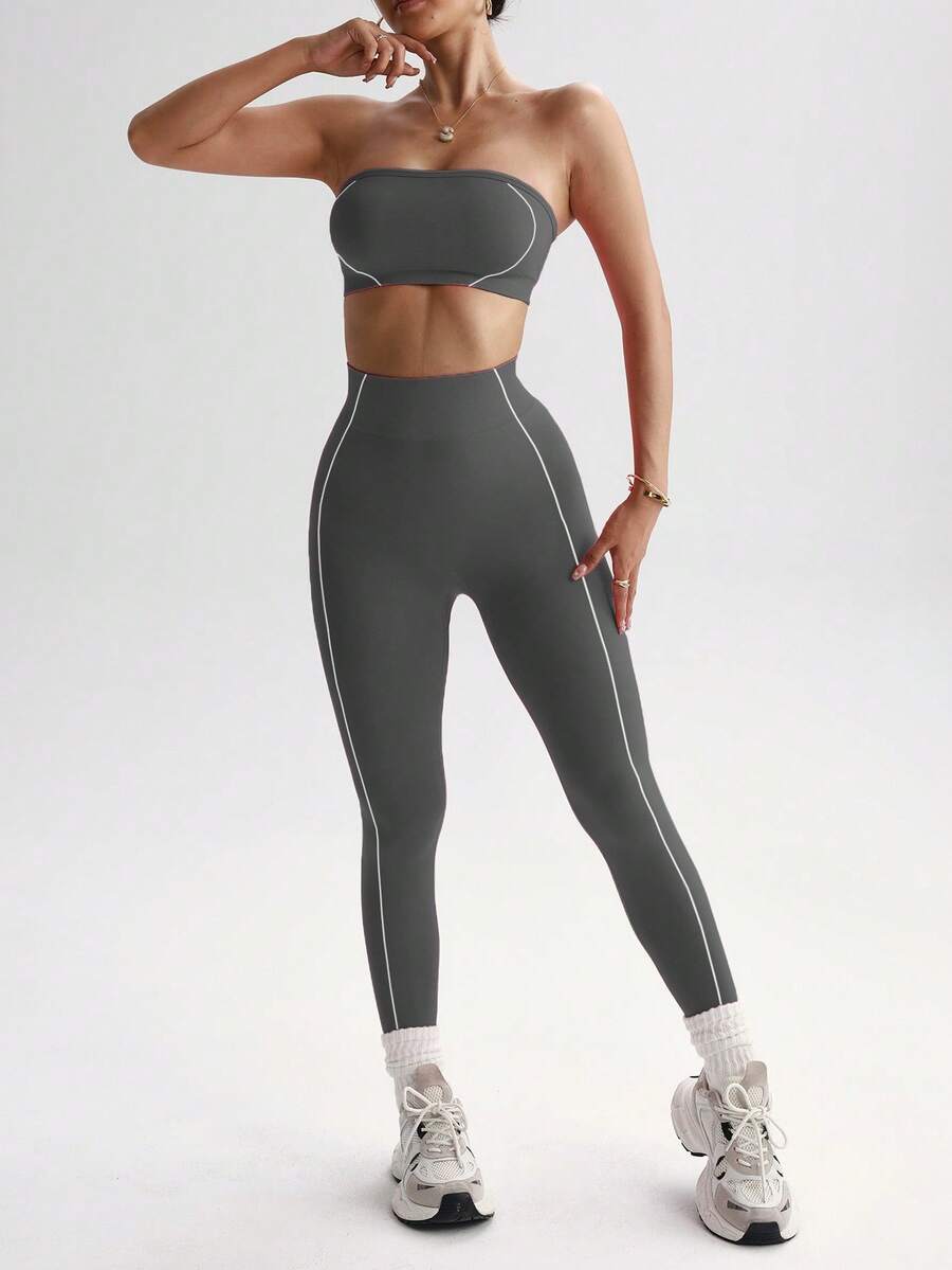 seamless strapless bandeau crop top and high waist leggings activewear set with white contour piping image 4