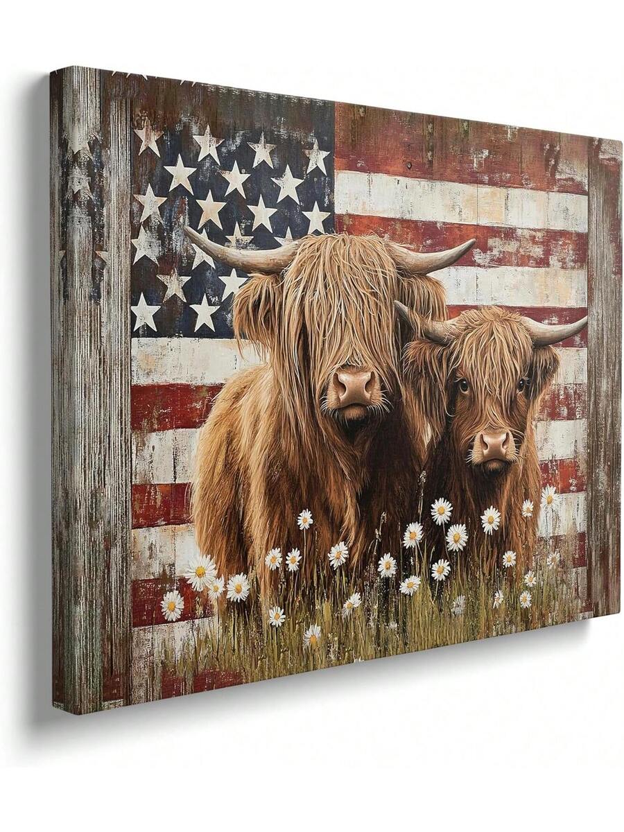 Highland cow American flag canvas with rustic farmhouse style