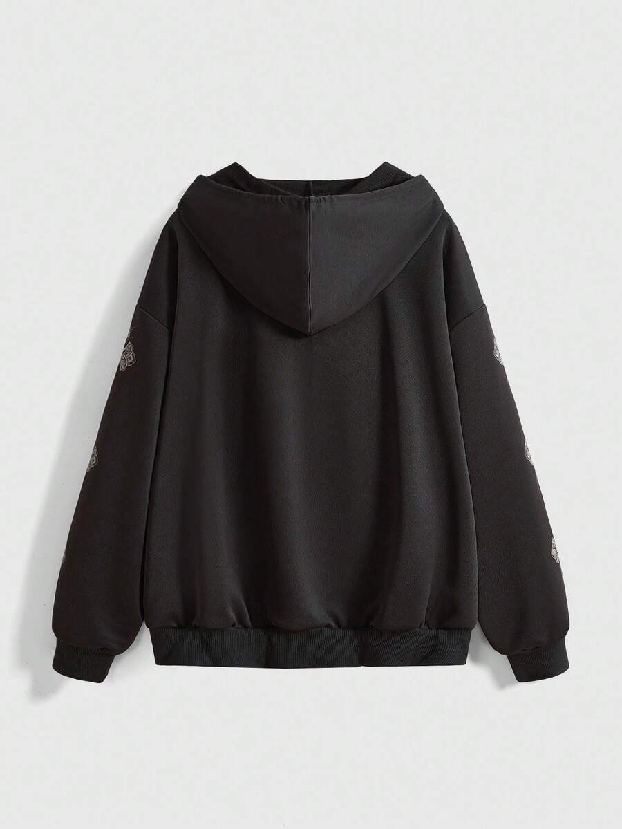 Back view of black oversized zip-up hoodie with graphic sleeve print