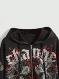Close front view of black cross vine graphic hoodie with zipper and hood