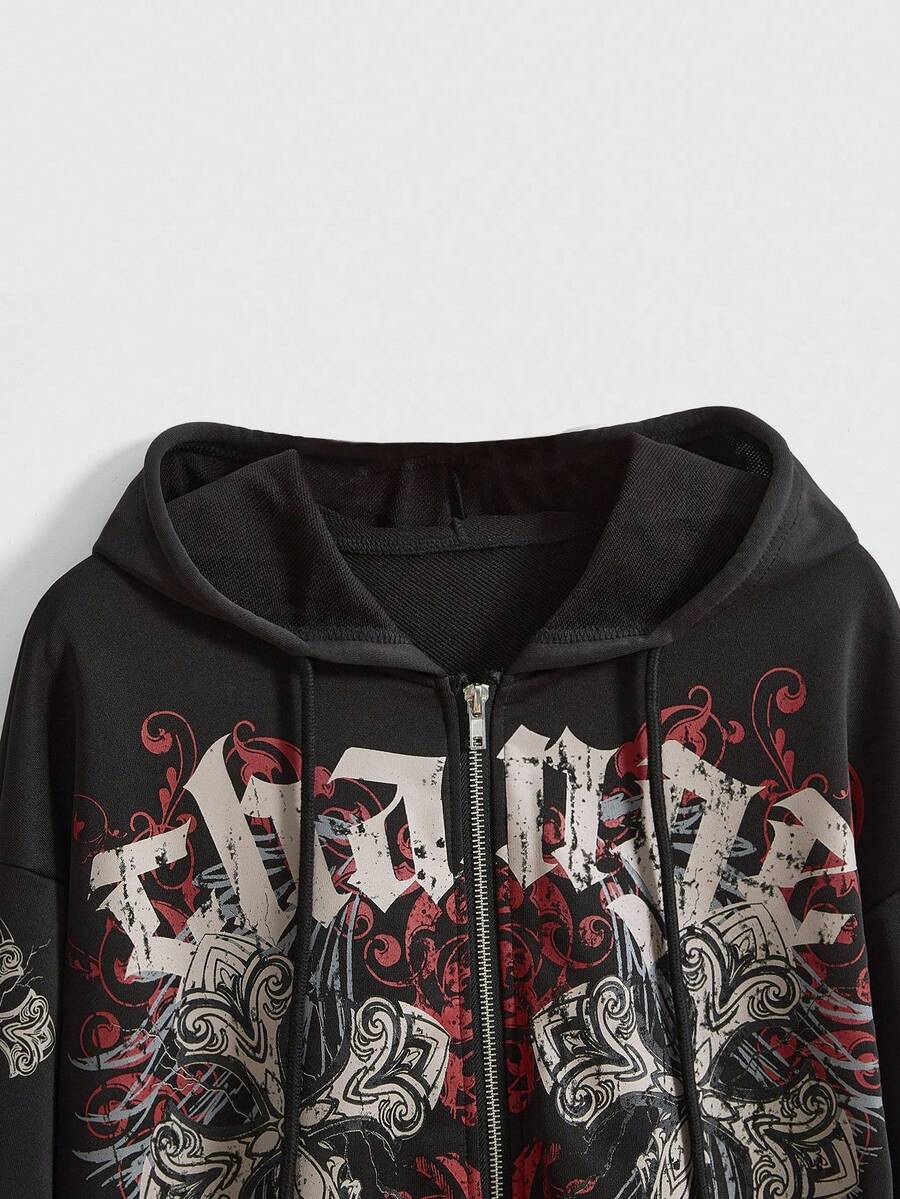 Close front view of black cross vine graphic hoodie with zipper and hood