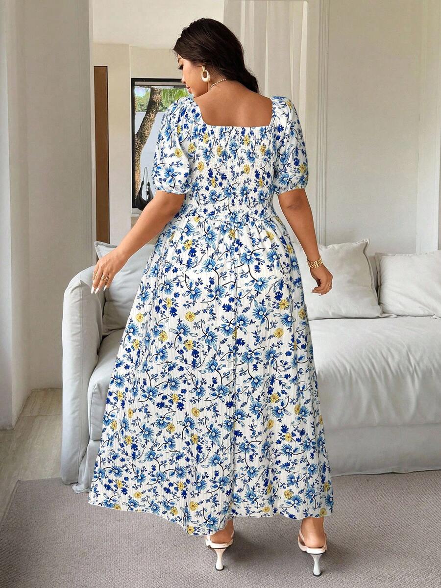 Turn heads this summer in our Elegant Plus Size Dress, featuring a flirty high slit that adds a playful twist to classic comfort. The ditsy floral print brings a fresh, lively vibe perfect for sunny days or evening strolls. Designed to flatter your curves while keeping you cool and confident, this dress is your go-to for effortless summer style with a fun, feminine flair.