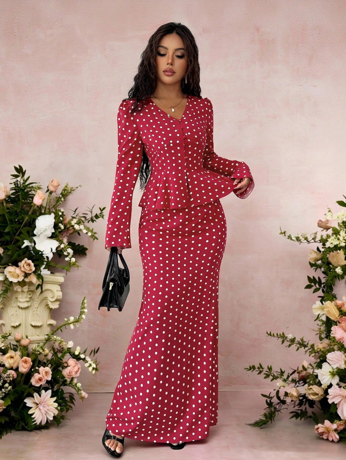 Swoon-worthy elegance meets playful charm in this dreamy two-piece set! The V-neck polka dot blouse brings vintage-inspired whimsy with its timeless dotted pattern, while the fishtail skirt adds a flirty, feminine silhouette that turns heads. Perfect for date nights, special occasions, or whenever you want to feel effortlessly romantic. Mix sophistication with a touch of fun—this set is your ticket to looking absolutely enchanting.