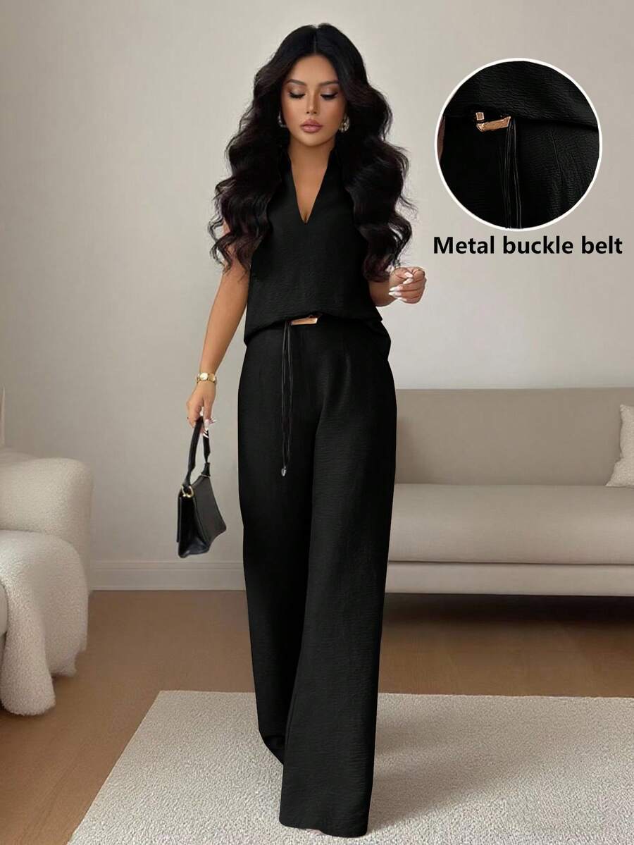 Elevate your wardrobe with this effortless two-piece set that does the heavy lifting for you. The flattering V-neck top pairs perfectly with high-waisted, belted straight-leg pants that elongate your silhouette and transition seamlessly from brunch to dinner. Crafted for spring and summer comfort, this versatile combo works solo or layered, making it your go-to for looking put-together without overthinking it. Simple, chic, and ready for anything.