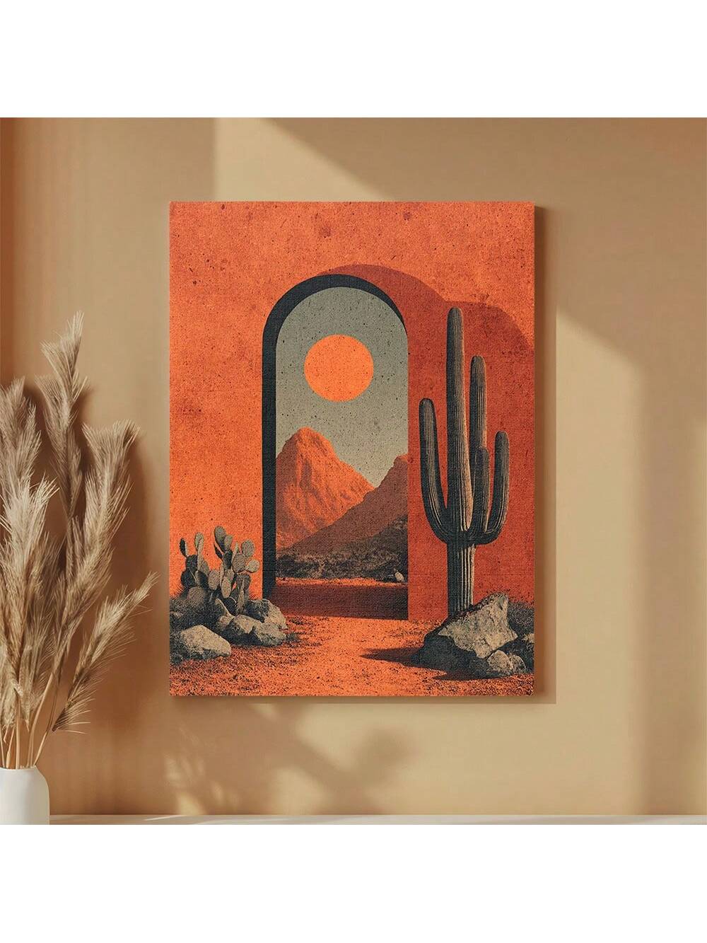 Bring a splash of desert charm into your space with this lively Southwest Desert Landscape Canvas Art. Featuring a charming archway, iconic saguaro cactus, and a glowing setting sun, this frameless wall decor adds warmth and character to any room. Perfect for brightening your home or as a fun gift for desert lovers, it effortlessly captures the spirit of the southwest in a playful, vibrant way.