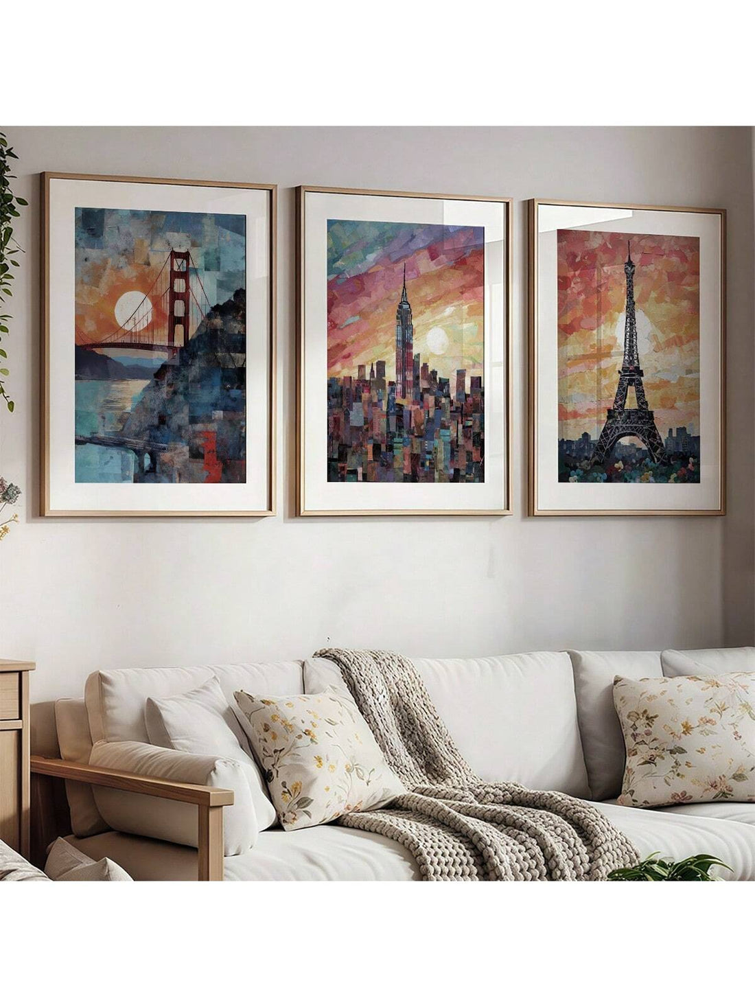 Bring a splash of city charm into your space with this playful set of three urban torn paper wall art posters. Featuring iconic skylines of the Golden Gate, New York, and Paris, each piece captures the energy and character of these famous cities with a trendy torn paper design. Perfect for adding a modern, artsy vibe to your home, this set effortlessly combines bold style and urban flair. Let your walls tell a story of adventure and city life with this quirky trio!