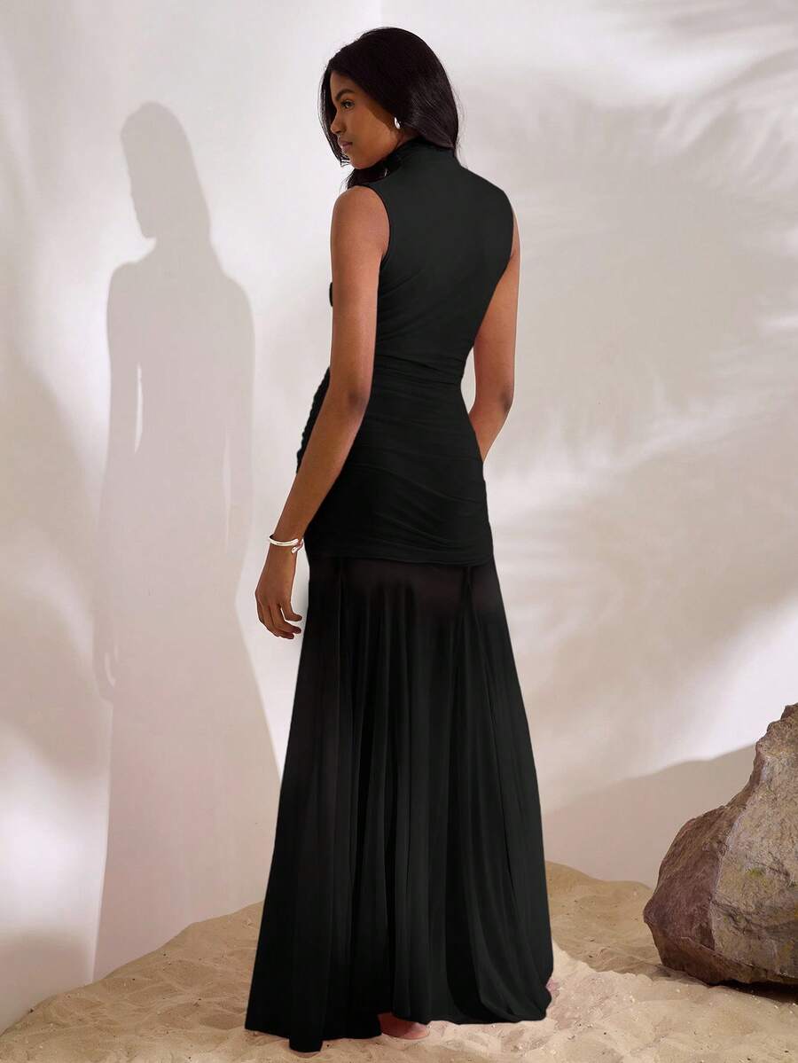 Black high neck ruched mesh mermaid maxi dress front view