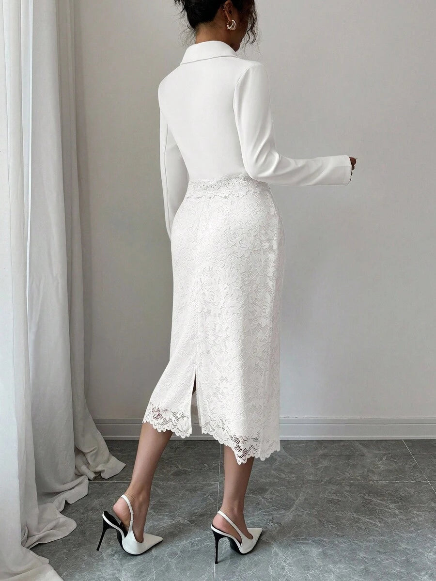 Elevate your autumn wardrobe with this stunning 2-piece suit set that's equal parts sophisticated and fun. Featuring a perfectly tailored jacket and matching trousers, this ensemble showcases eye-catching contrast lace buttons that add a playful twist to classic suiting. The refined silhouette flatters your figure while the unexpected lace details spark conversation and personality. Perfect for everything from office meetings to weekend brunches, this versatile set proves you don't have to choose between po