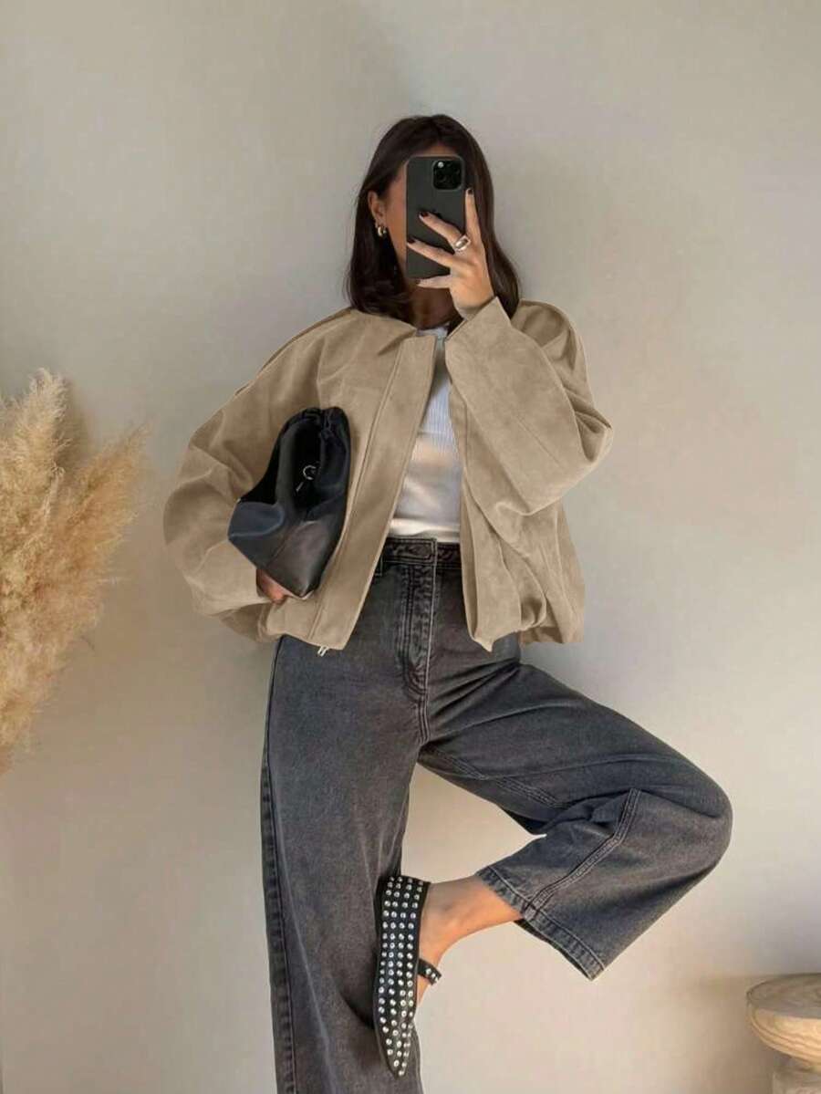 Trendy Women's Faux Suede Long Sleeve Casual Jacket for Spring Fashion - women faux suede long sleeve casual jacket visible in product media, product image 1