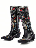 Color option view of Vintage Embroidered Women’s Western Boots - Retro Cowgirl Block Heel Mid-Calf Shoes for Stylish Weddings and Riding for punk motorcycle boot styling