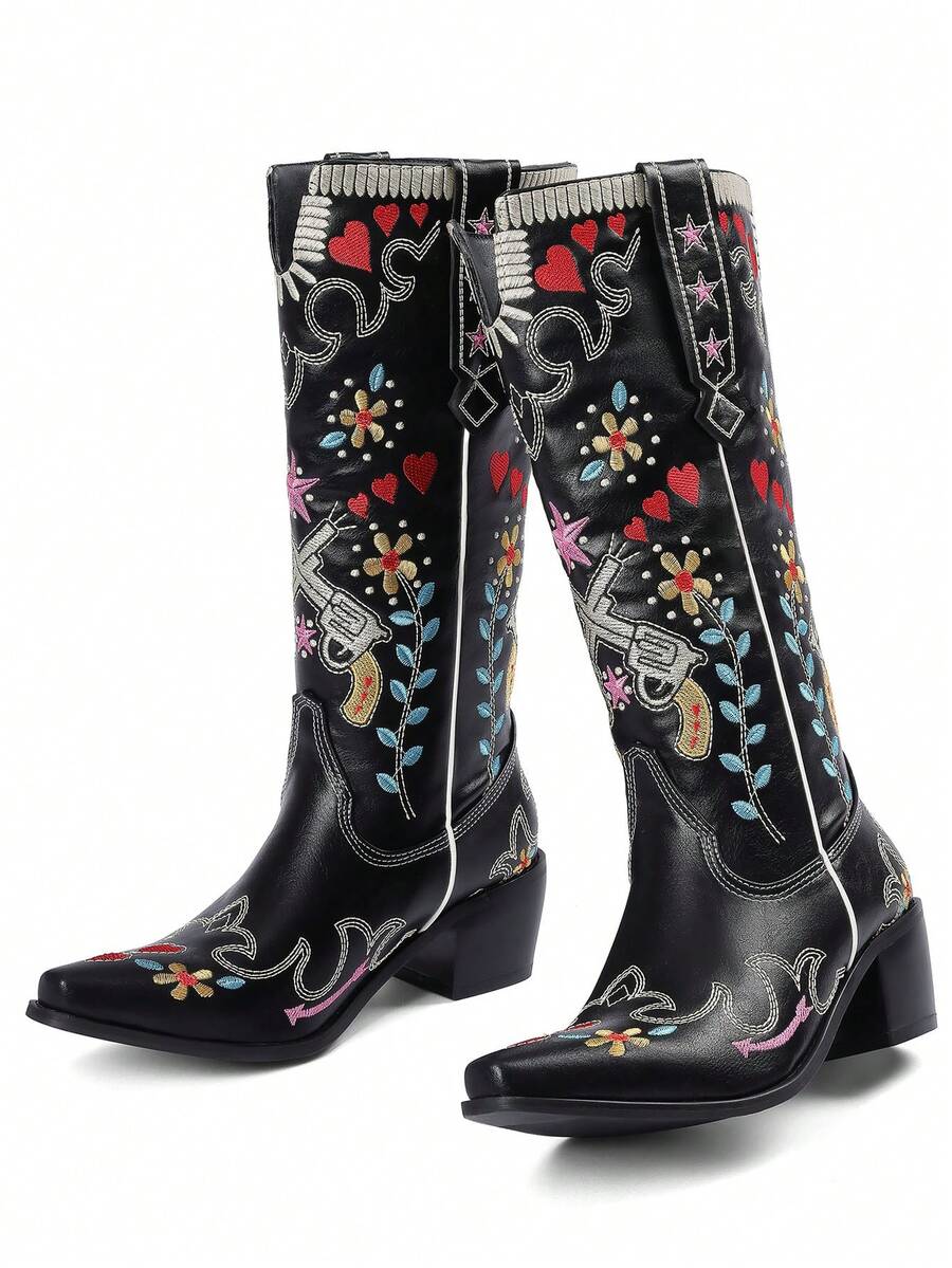 Color option view of Vintage Embroidered Women’s Western Boots - Retro Cowgirl Block Heel Mid-Calf Shoes for Stylish Weddings and Riding for punk motorcycle boot styling