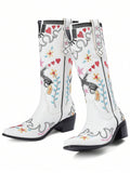 Front view of Vintage Embroidered Women’s Western Boots - Retro Cowgirl Block Heel Mid-Calf Shoes for Stylish Weddings and Riding for punk motorcycle boot styling