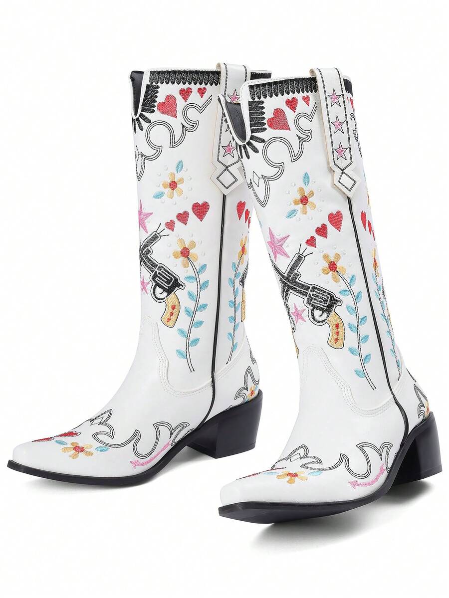 Front view of Vintage Embroidered Women’s Western Boots - Retro Cowgirl Block Heel Mid-Calf Shoes for Stylish Weddings and Riding for punk motorcycle boot styling