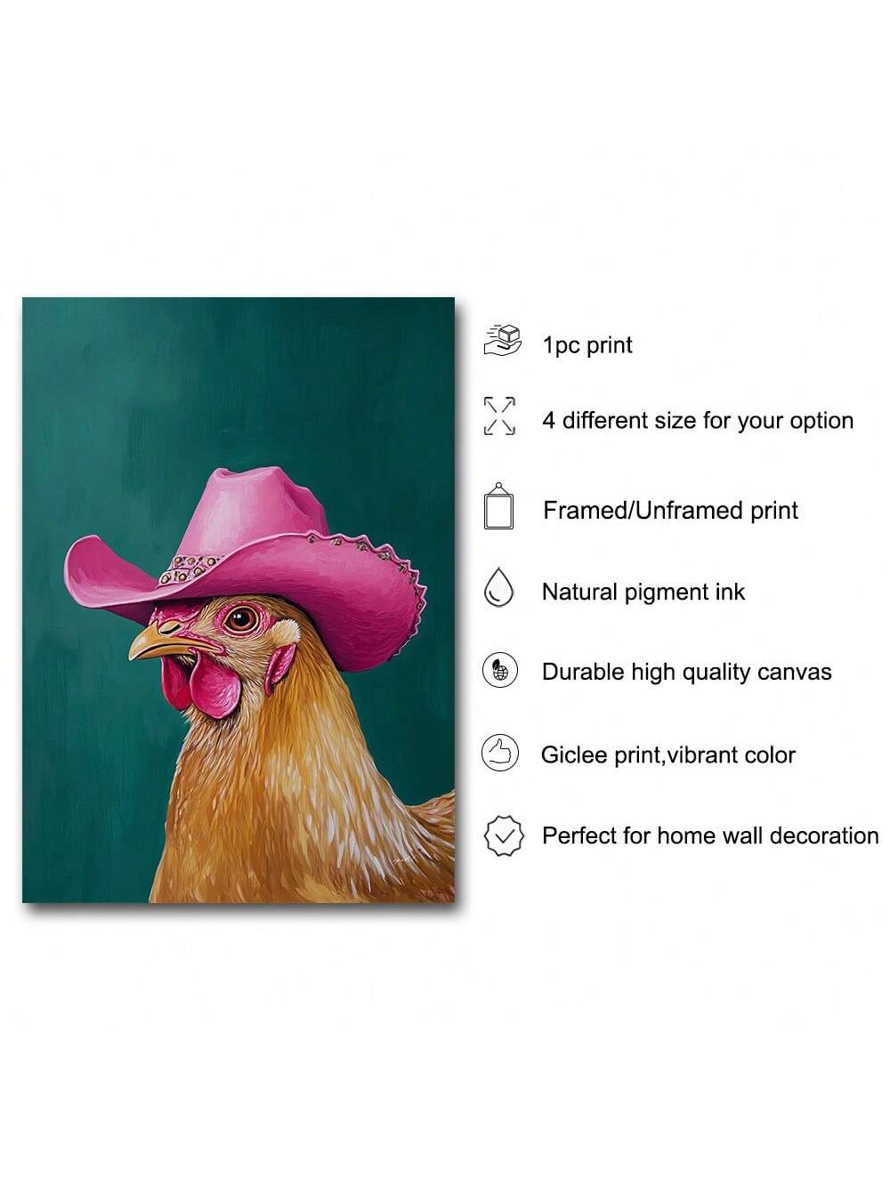 Add a splash of quirky charm to your space with this Chic Green Cowgirl Chicken Canvas Print. Featuring minimalist lines and a playful pop of green, it’s perfect for modern homes craving a funky twist. Brighten your walls with a fun and fresh vibe that’s sure to spark conversations and smiles.
