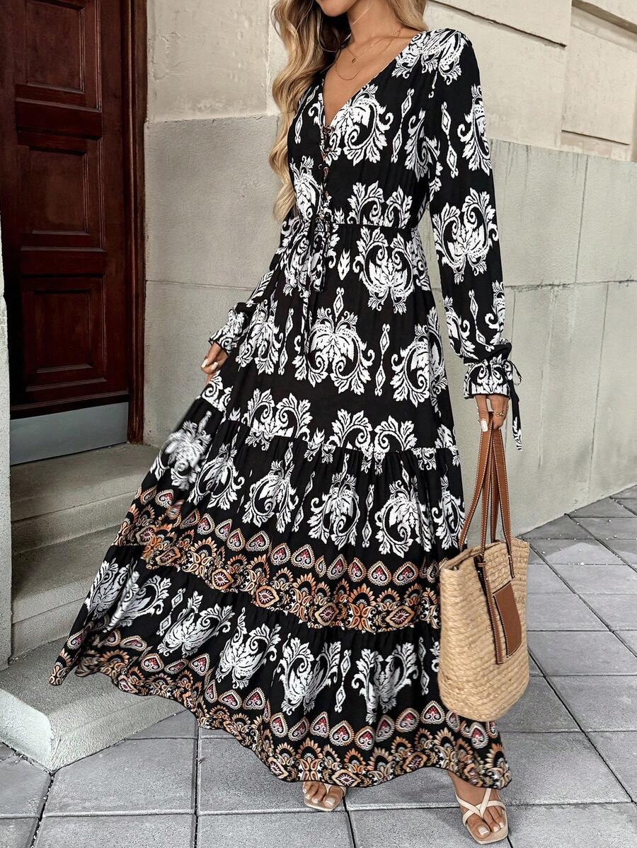 Step into fall with flair in this chic front lace-up maxi dress! Featuring long sleeves and a playful pleated design, it's perfect for twirling through crisp autumn days. The lace-up detail adds a fun, flirty touch while keeping you cozy, making effortless style just a dress away.