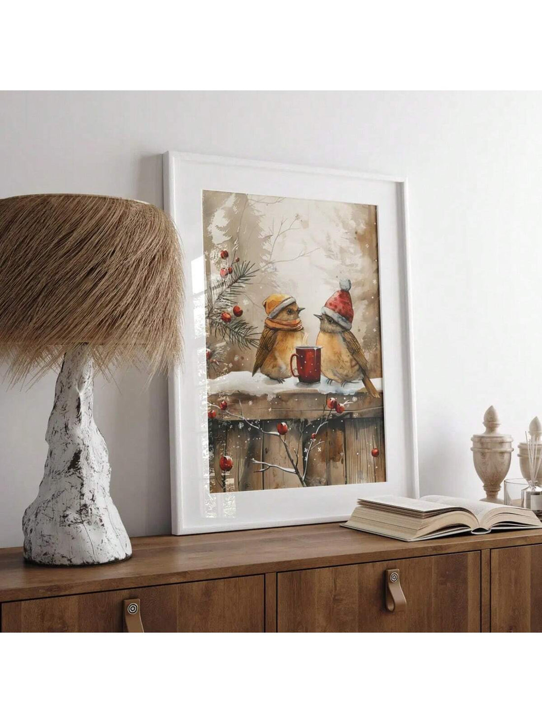 Bring a touch of rustic charm to your space with this delightful beige Christmas birds print. Perfect for farmhouse lovers, this vintage-inspired wall art captures the cozy spirit of winter with its soft, muted palette and whimsical feathered friends. Whether you're decorating your living room for the holidays or adding year-round warmth to your walls, this print delivers that effortless, lived-in elegance farmhouse style is known for. A playful nod to simpler times, it's the kind of piece that makes guests