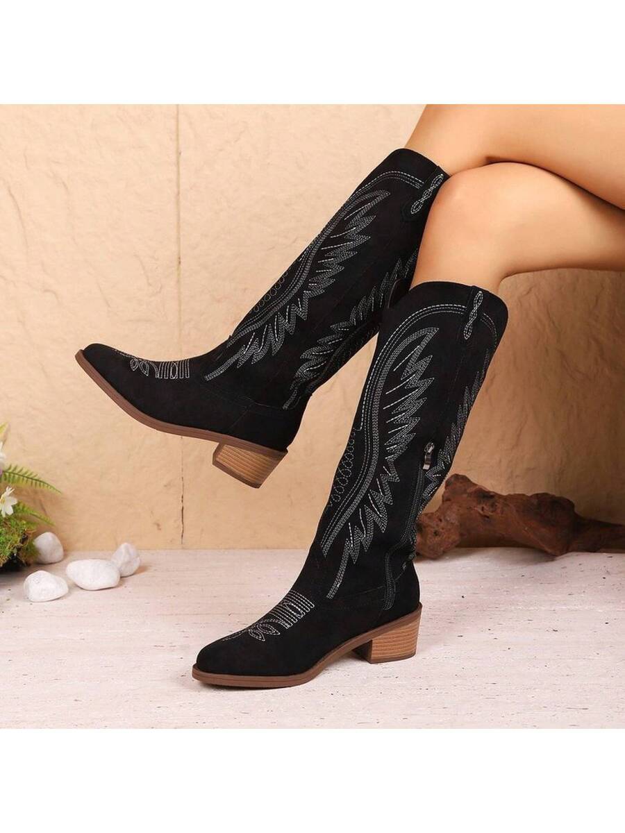 Step into style and comfort with these Chic Plus Size Western Cowboy Boots designed just for you. Crafted from soft velvet with intricate embroidery, these high-top knee boots bring a touch of bold flair to your autumn and winter wardrobe. Perfect for channeling your inner cowgirl, they offer both warmth and a standout look that turns heads wherever you go. Embrace the season with boots that blend classic Western charm with playful, modern vibes.