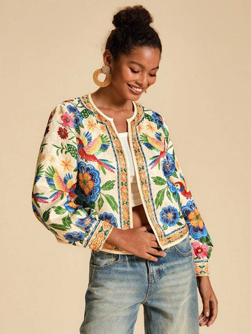 Chic Tropical Print Jacket for Women - Stylish Casual Outerwear Perfect for Warm Weather - women outerwear jacket visible in all media images, product image 4