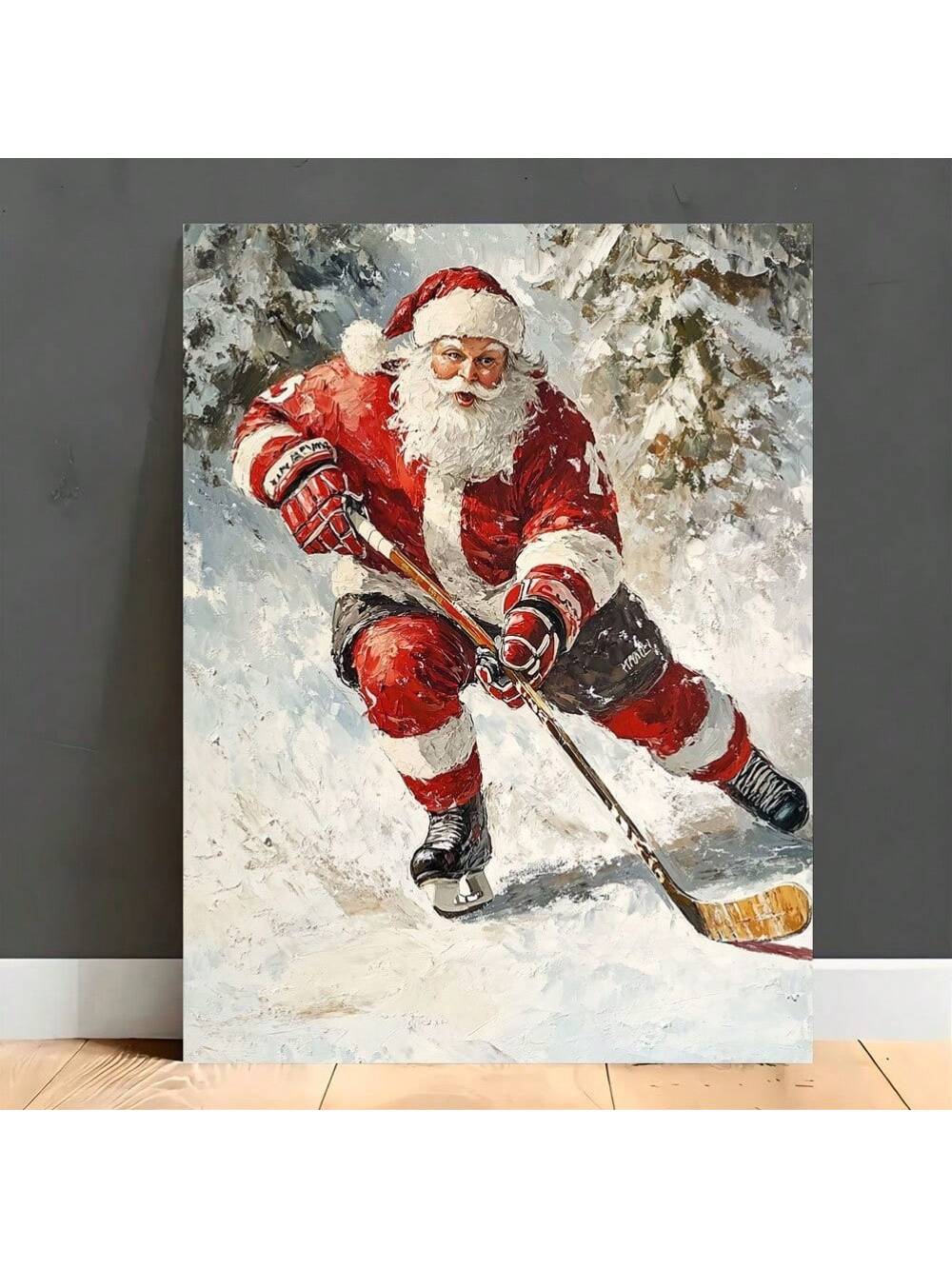 Bring holiday cheer with this Vintage Hockey Santa Canvas Wall Art, perfect for adding a playful, festive touch to your winter décor. Featuring Santa in his hockey gear, this charming piece combines Christmas spirit with a sporty twist, making it a fun and unique decoration for your home. Ideal for creating a cozy, spirited ambiance during the holidays.