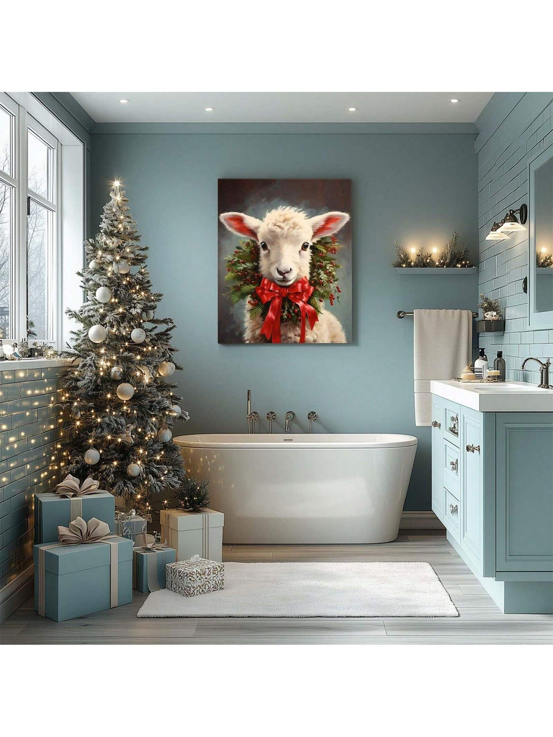 Bring a touch of whimsy to your holiday décor with this Adorable Christmas Lamb Canvas Wall Art. Featuring a charming lamb wrapped in a festive holly wreath and ribbon, this frameless piece adds cozy cheer to any bedroom or hallway. Its playful design captures the joyful spirit of Christmas, making it the perfect accent to brighten your home during the season.