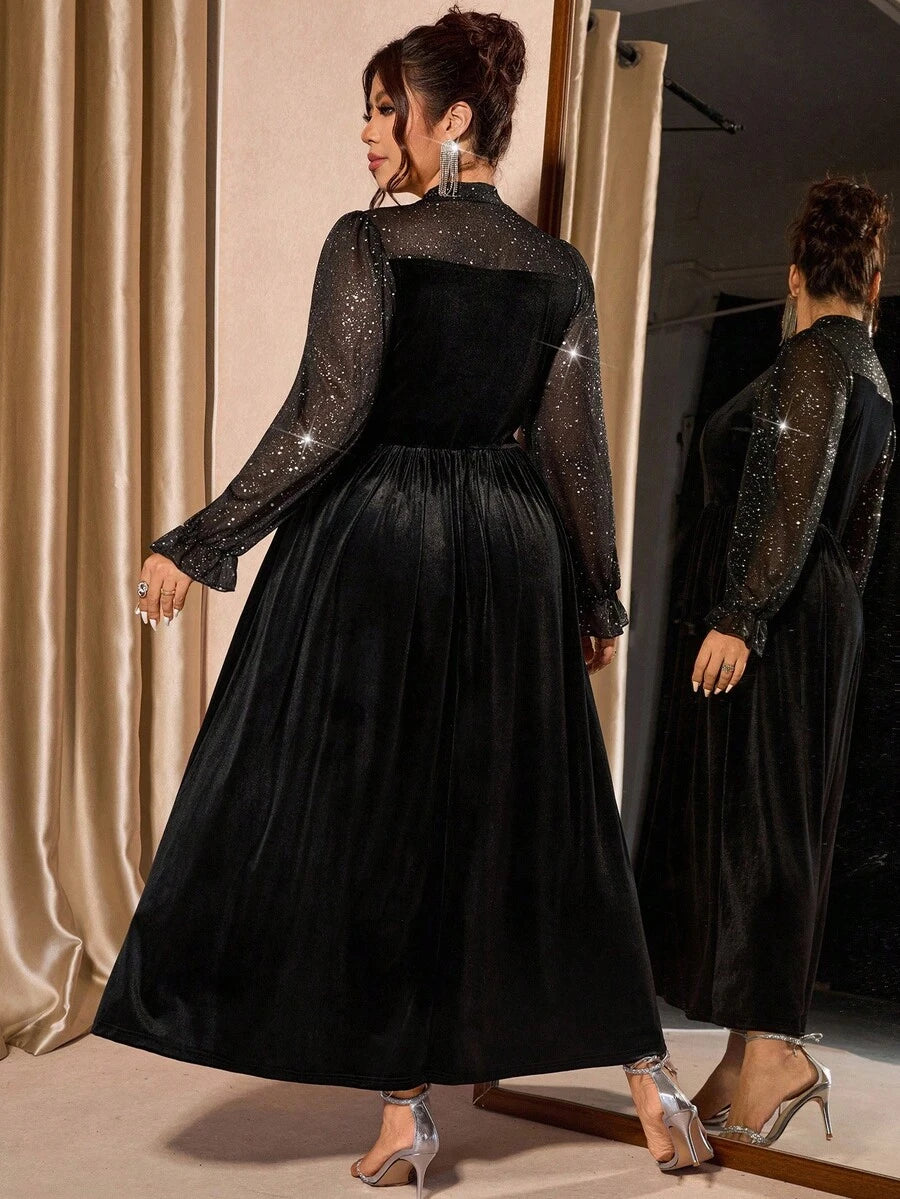 Make a statement at your next celebration in this stunning velvet mesh puff sleeve dress! Designed for the modern woman who refuses to compromise on style or comfort, this plus-size beauty features luxurious velvet paired with delicate mesh accents and dramatic puffed sleeves that command attention. The flattering silhouette celebrates your curves while the soft, breathable fabric keeps you feeling fabulous all night long. Whether you're heading to a party, special event, or night out with friends, this dre